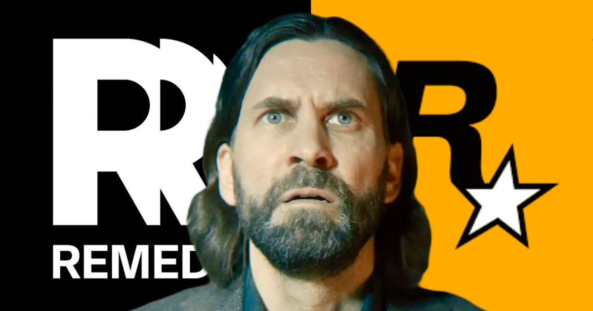 Alan Wake looking confused next to the Remedy Entertainment and Rockstar Games logos 