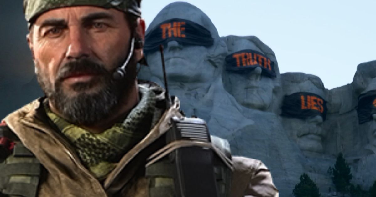 Black Ops 6: Woods standing next to a defaced Mount Rushmore 