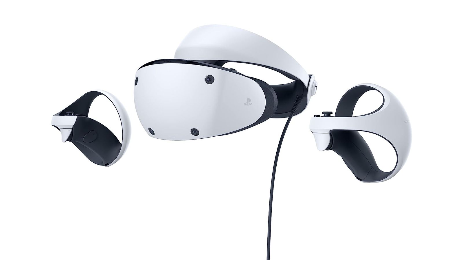 Sony PlayStation VR2 product image of a white and black wired VR headset with two white controllers either side.