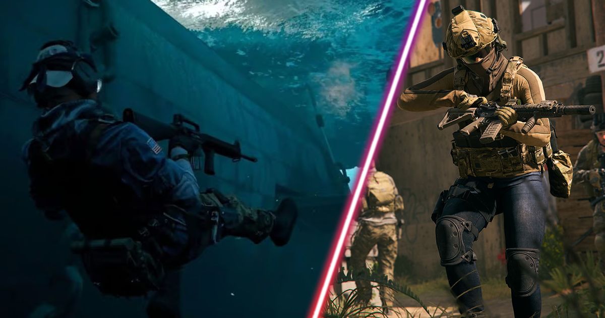 Screenshot of Warzone player holding assault rifle underwater and Warzone player inspecting rifle