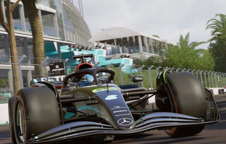Screenshot of F1 23 Mercedes driving around Miami Autodrome