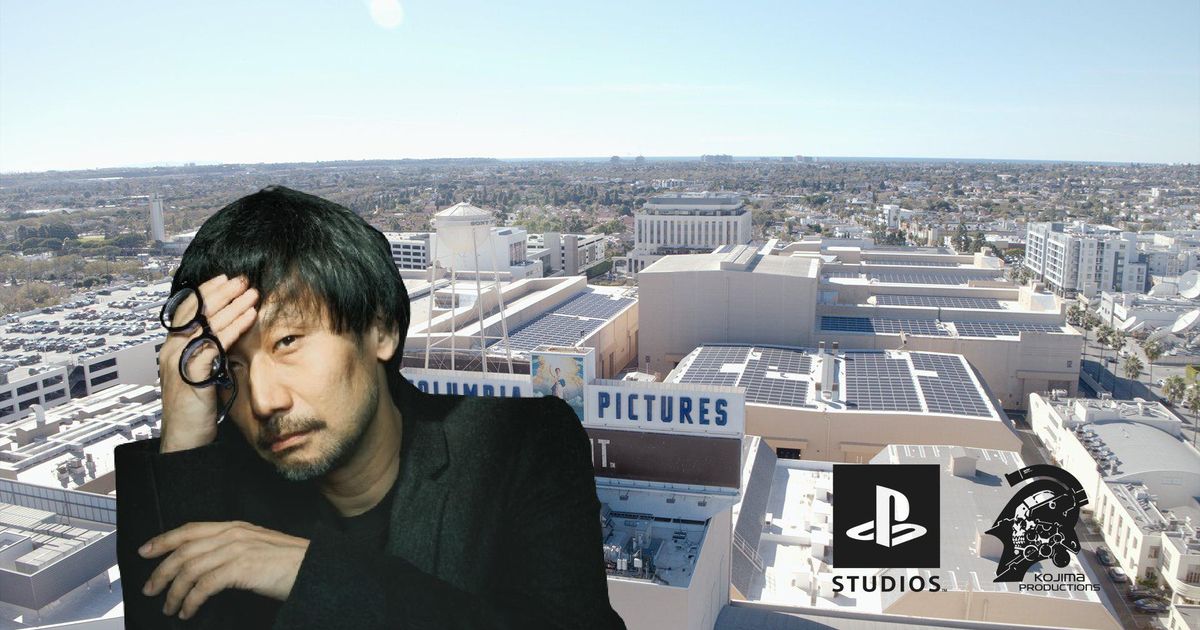 Hideo kojima holding hand to forehead with glasses background of studio playstation and kojima productions logo