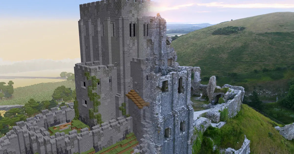 A screenshot of the real Corfe Castle alongside the one in Minecraft.
