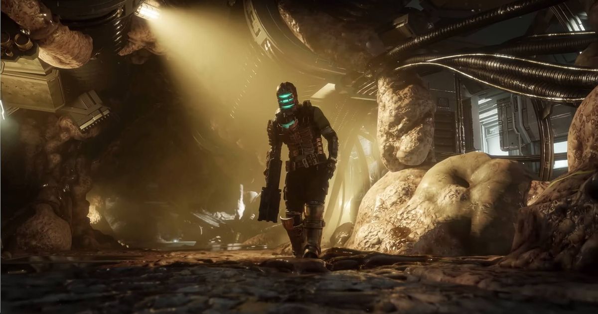 Isaac Clarke walking through a decrepit spaceship in the Dead Space remake.