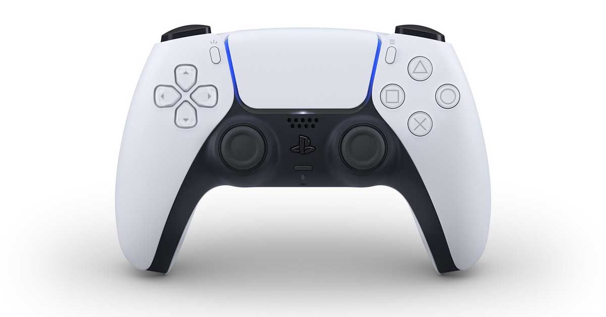 PS5 DualSense product image of a white and black controller with a blue light around the touchpad.