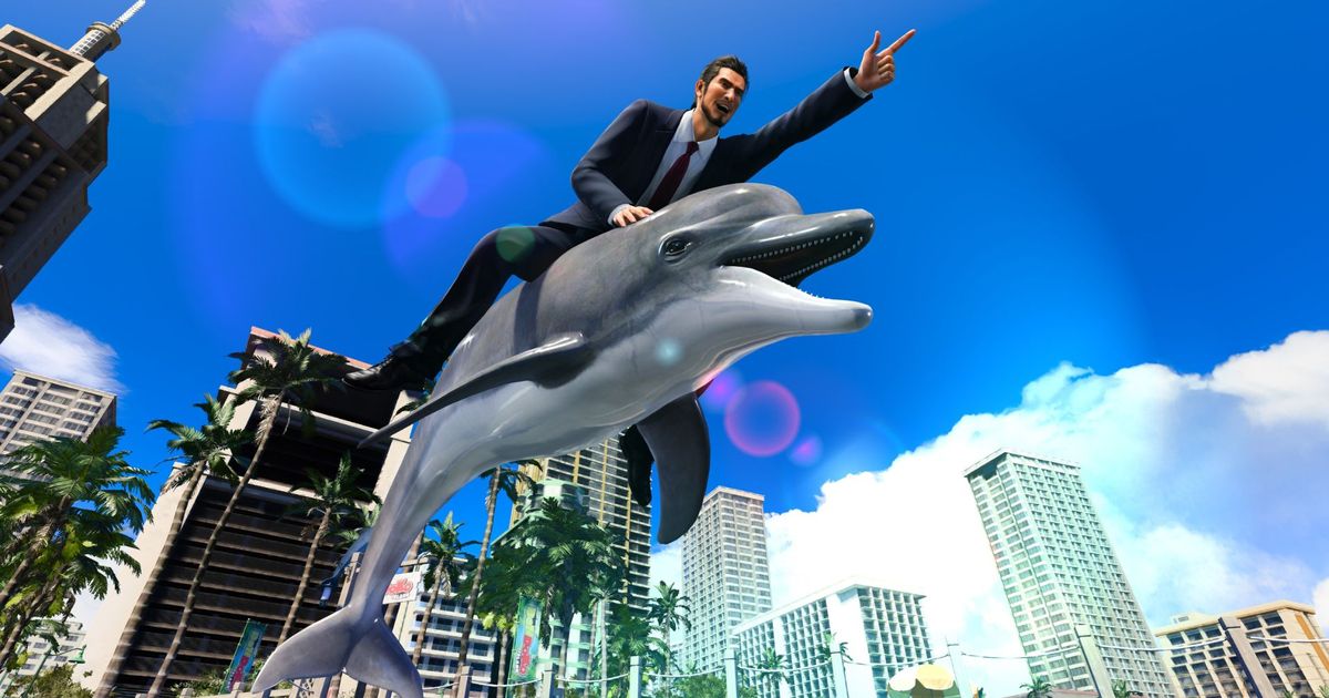 Like a Dragon: Infinite Wealth protagonist Ichiban Kasuga riding a dolphin while wearing a suit