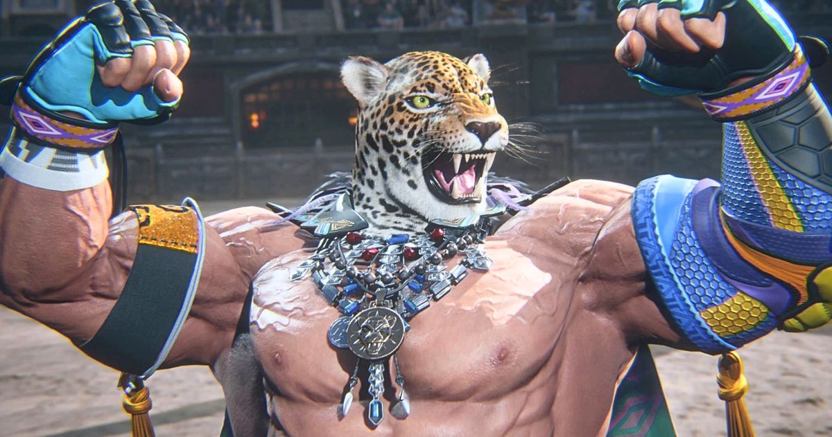 Tekken's King flexing his muscles while wearing his signature cat mask