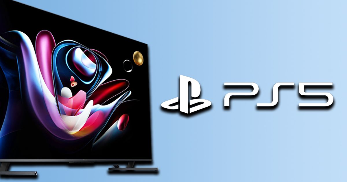 A black Hisense TV next to a white PS5 logo, both in front of a light blue gradient background.