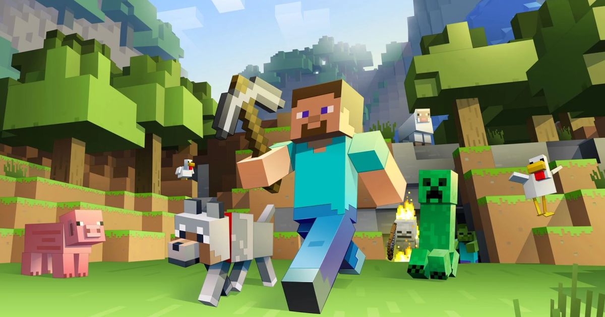 A Minecraft character in a blue shirt holding a pick axe running in front of a wolf and a Creeper.