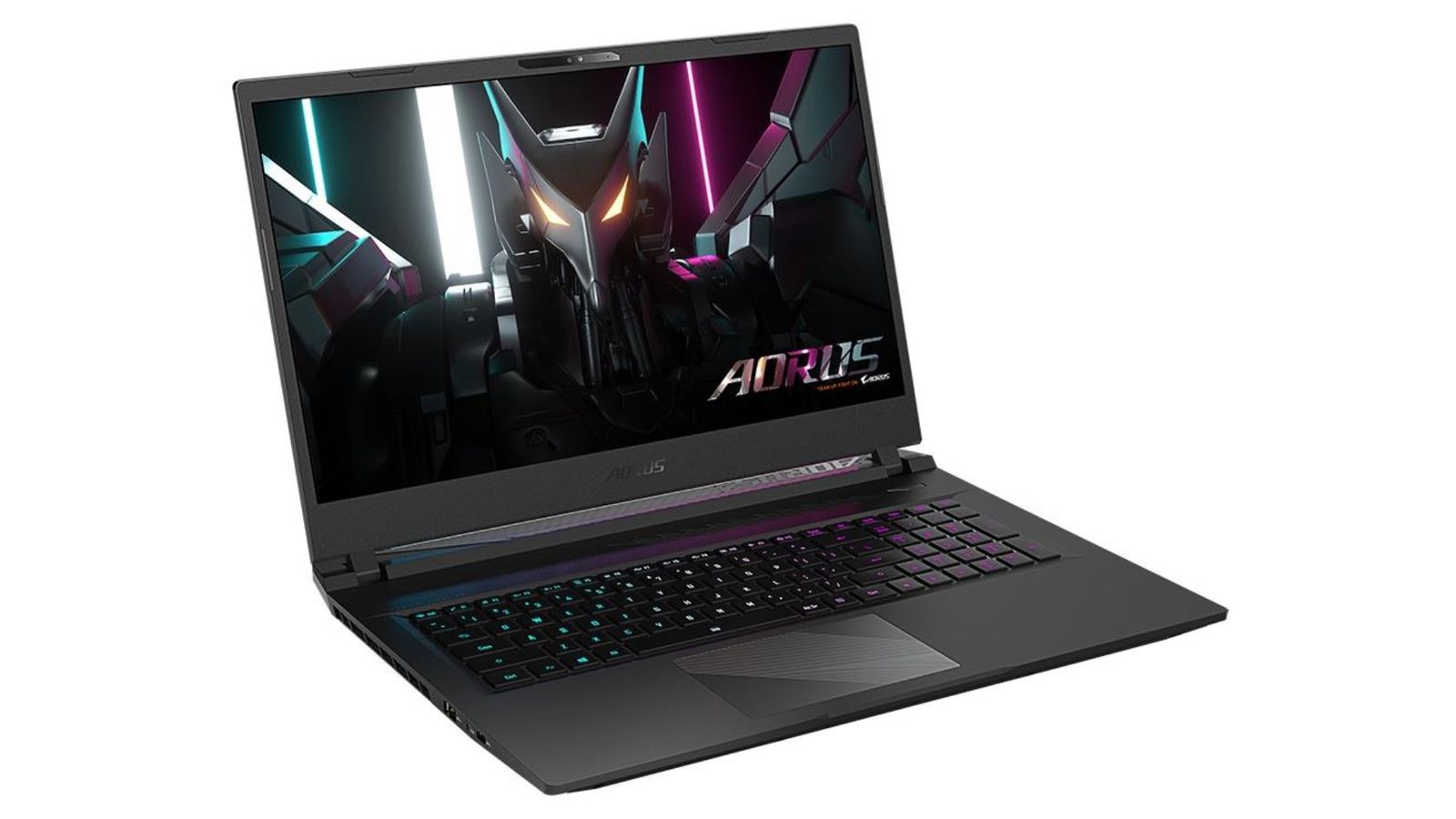 Gigabyte AORUS 17 product image of a black laptop with pink and blue backlit keys and a mechanical animal-shaped robot on the background of its display.