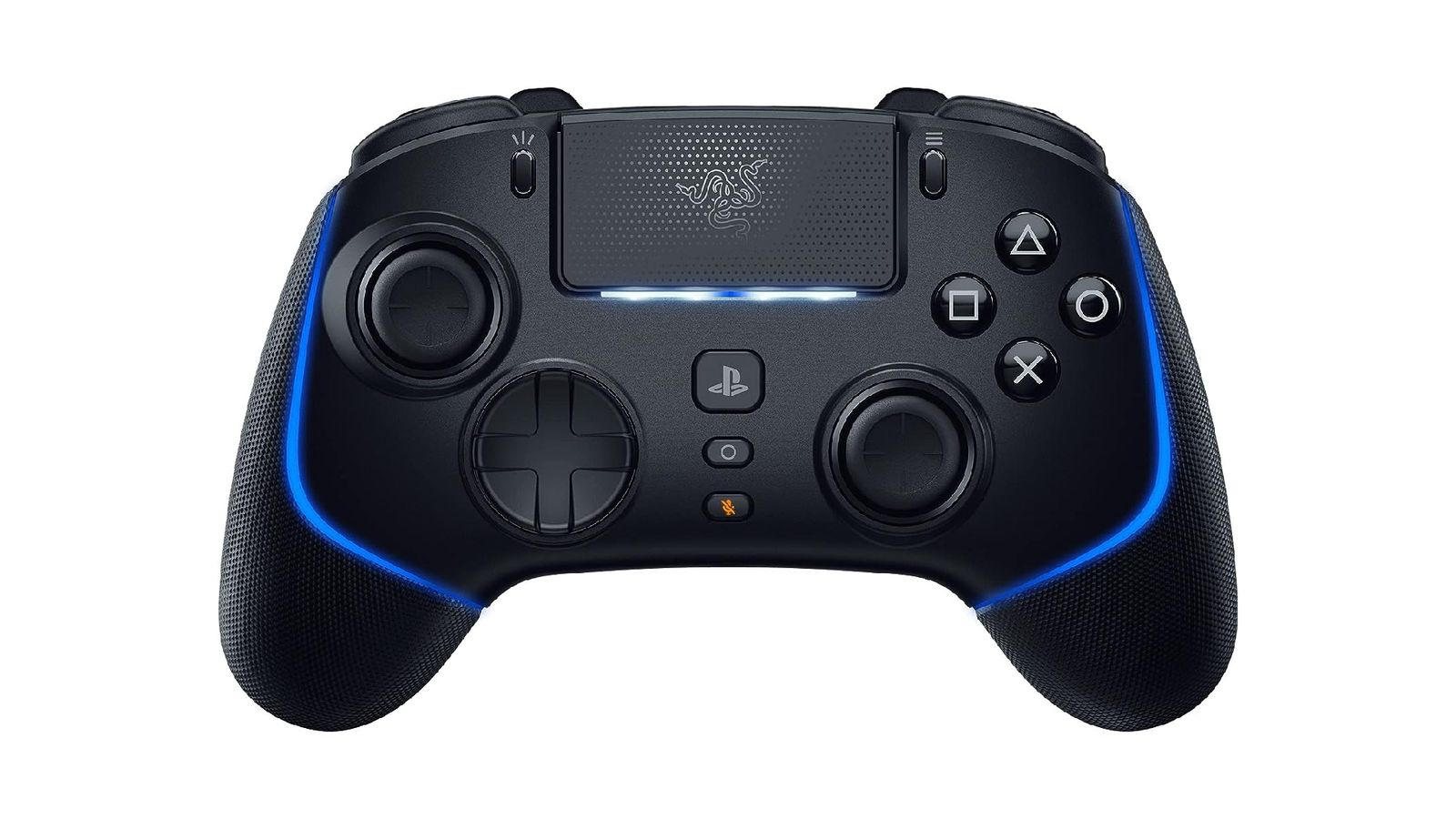 Razer Wolverine V2 Pro product image of a black PlayStation-branded gamepad featuring blue lighting.