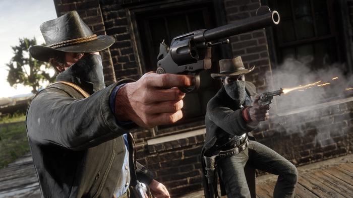 Image of two cowboys shooting guns in Red Dead Redemption 2.