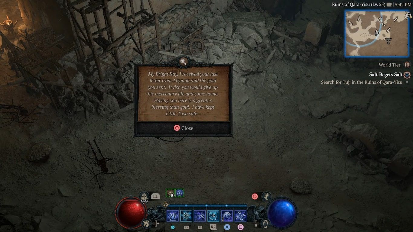 A screenshot of the opened bloodstained letter in Diablo 4.
