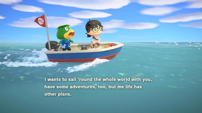 A player on a boat with Kapp'n off on an island tour as he sings a song in Animal Crossing: New Horizons.
