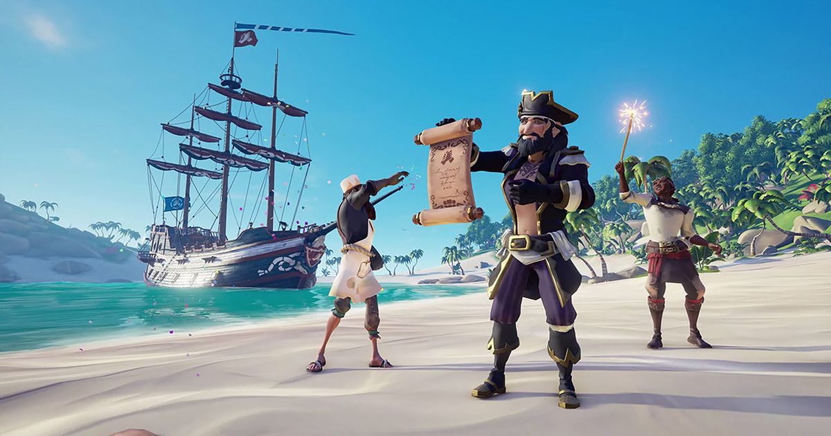 Sea of Thieves players standing on beach with pirate ship in background