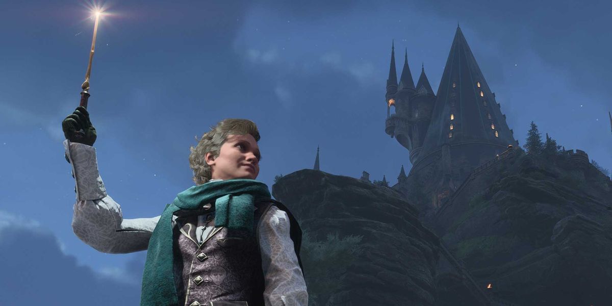 A witch casting a spell against the backdrop of the castle in Hogwarts Legacy.