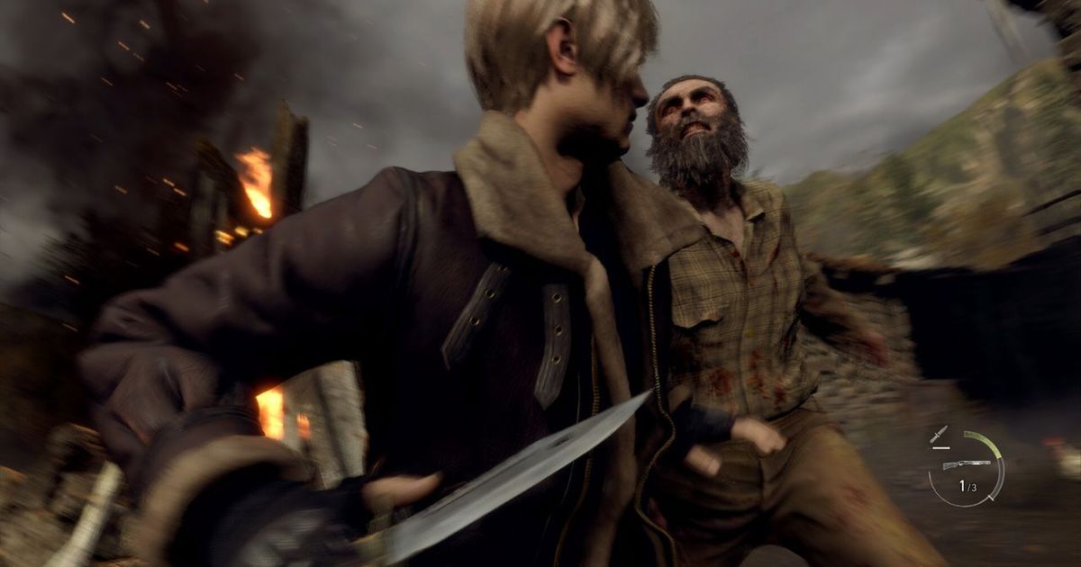 Leon is about to kill the enemy in Resident Evil 4 remake.