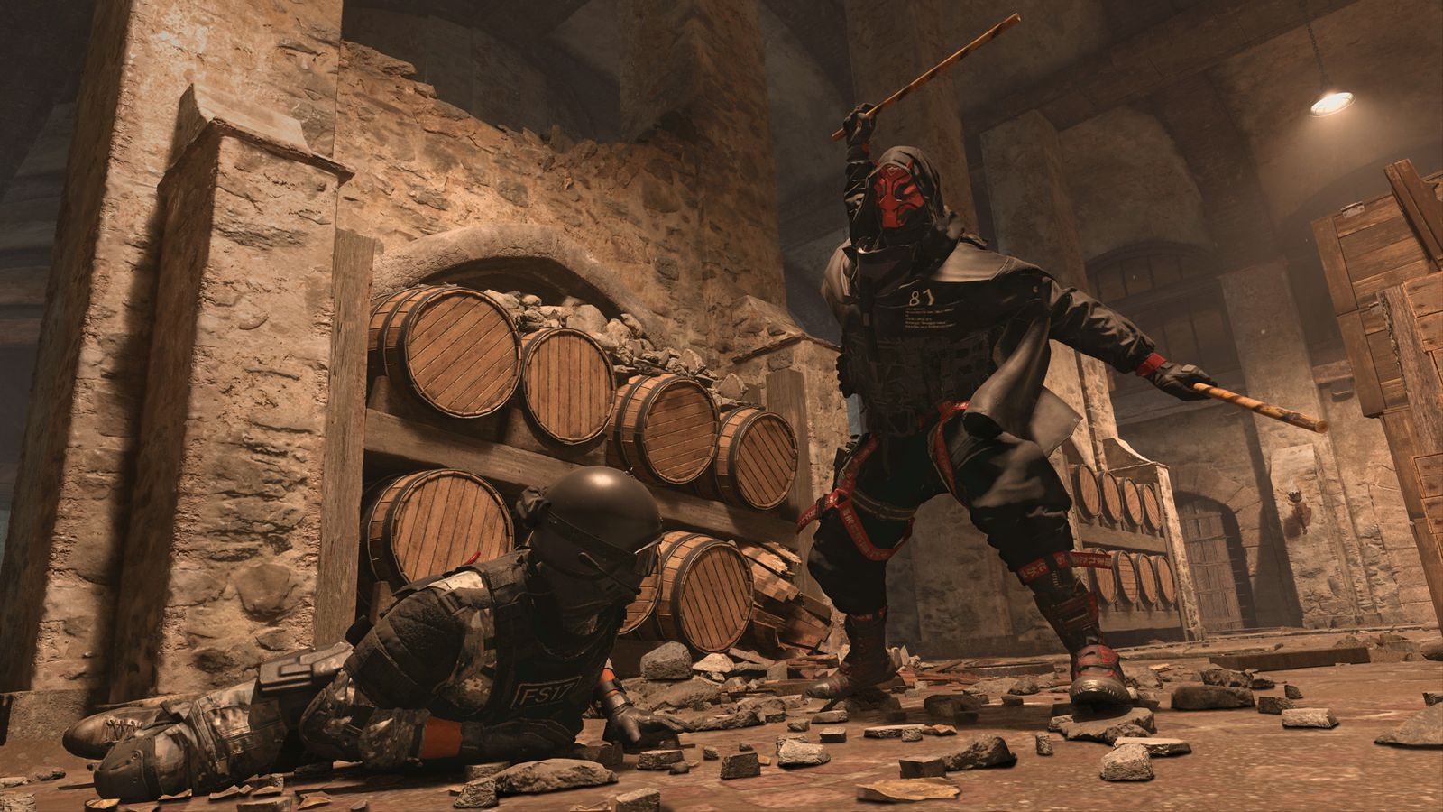Screenshot of Warzone player on the ground and another Warzone player raising a wooden stick in the air