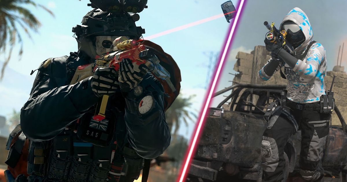 Screenshot showing Warzone 2 Ghost Operator aiming down sights of gun and Warzone 2 ranked play player holding gun