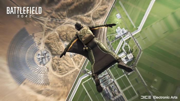A wingsuit-wearing specialist flies over Battlefield 2042 map Renewal.