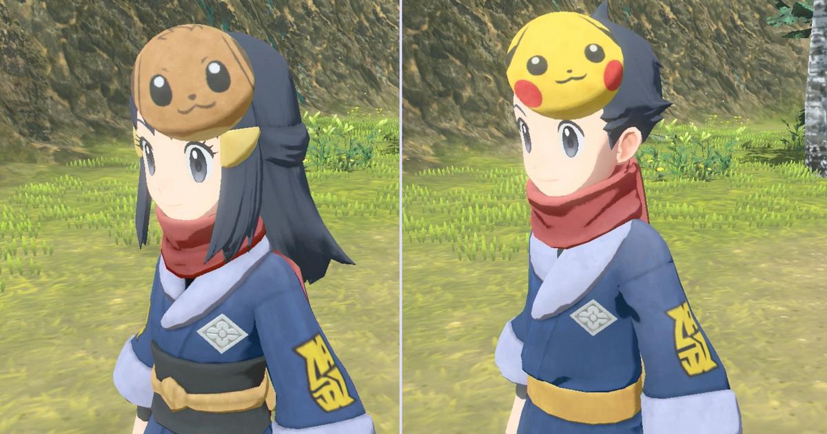 Two Pokémon Trainers wearing the Pikachu and Eevee masks in Pokémon Arceus: Legends.