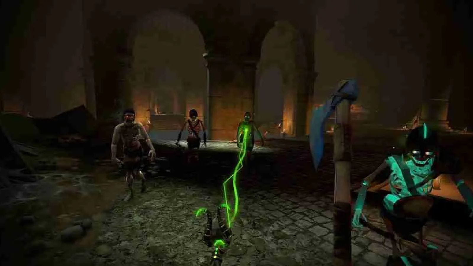 A first person shot of someone holding an axe while shooting green lighting to incoming zombies.