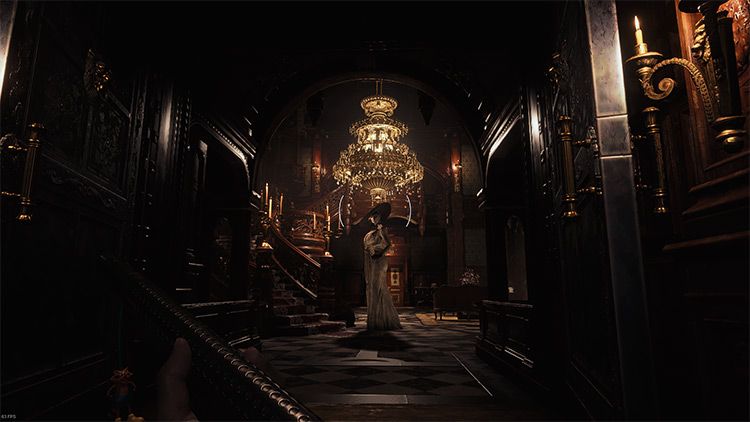 A graphically improved view of the castle hall in Resident Evil Village.