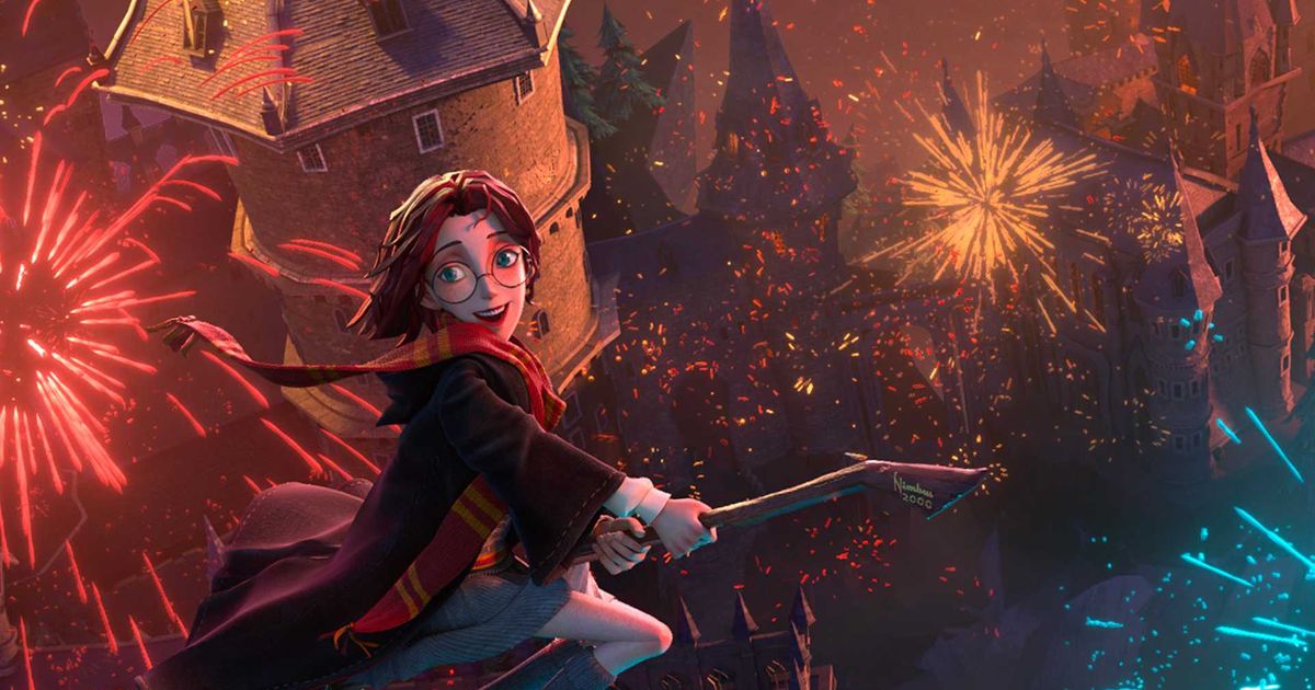 Harry Potter riding a broomstick in Harry Potter Magic Awakened.