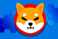 Shiba Inu logo on a blockchain blue background.