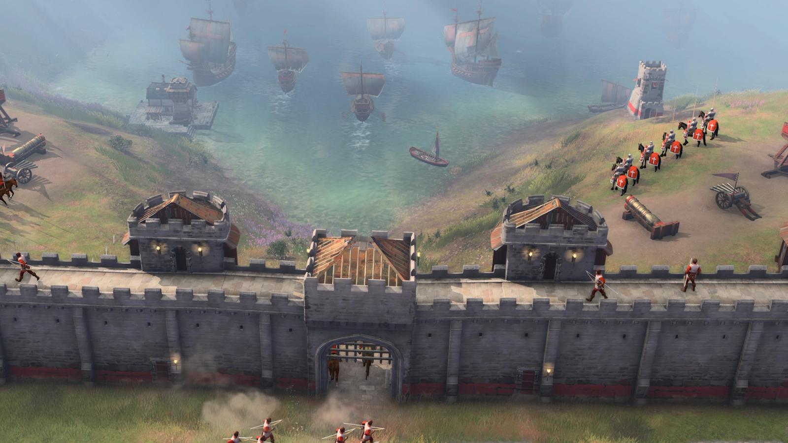 An Age of Empires 4 town surrounded by highly defensible Stone Walls, Gates and Towers with infantry available.