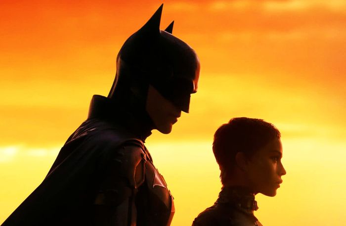 Batman and Catwoman stand in front of a sunset.