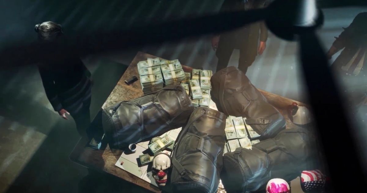A still image from Payday 3 showing a table covered in cash, masks and duffel bags
