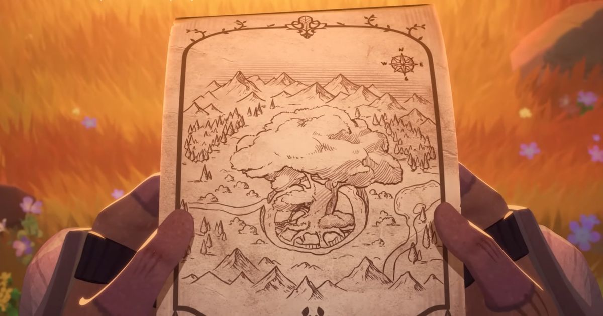 Character holding a map of a forest in AFK Journey.