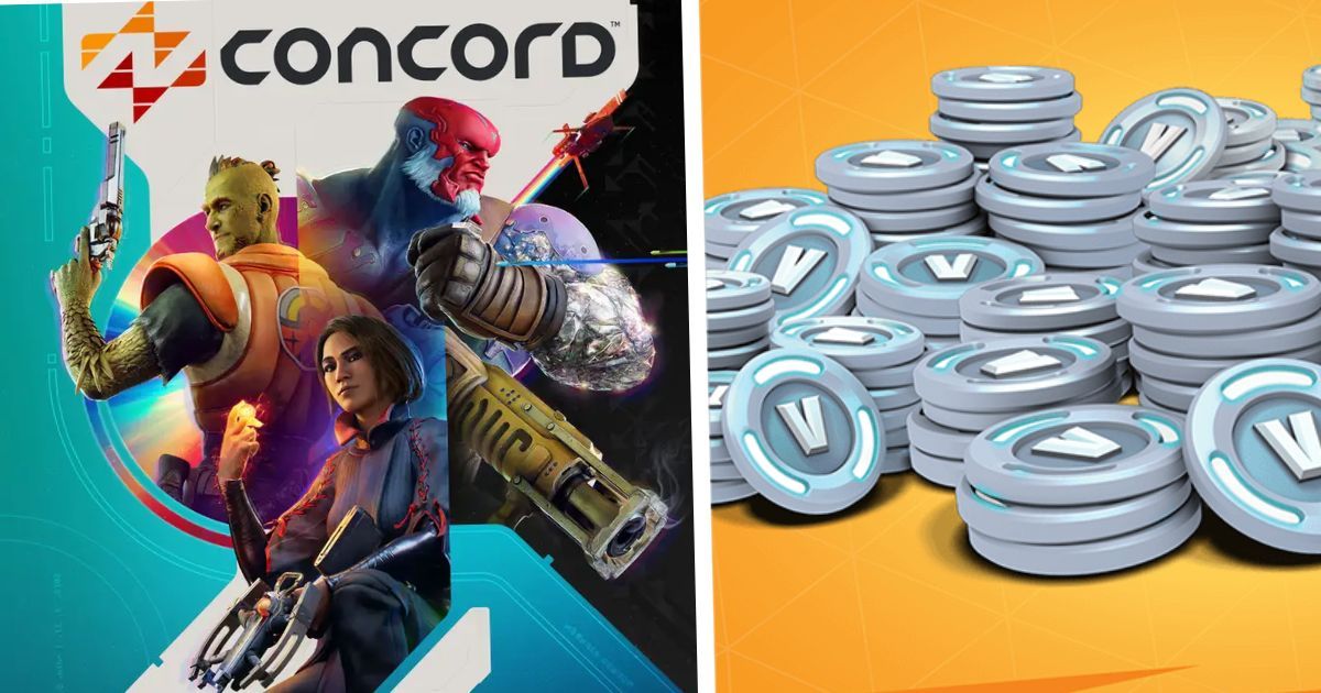 Promotional image for the hero FPS Concord and a stacks of V-Bucks for Fortnite