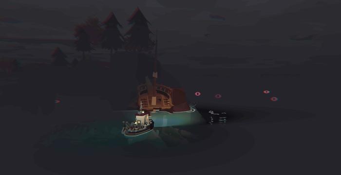 A boat exploring at night in Dredge.