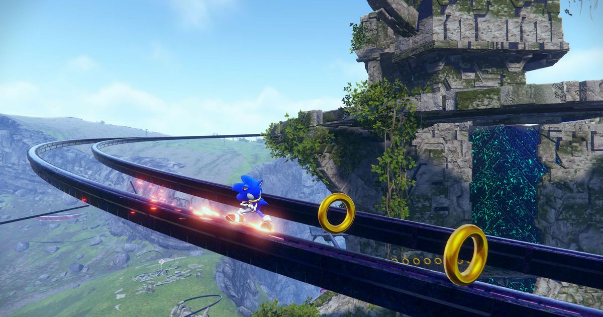Image of Sonic grinding a rail in Sonic Frontiers.