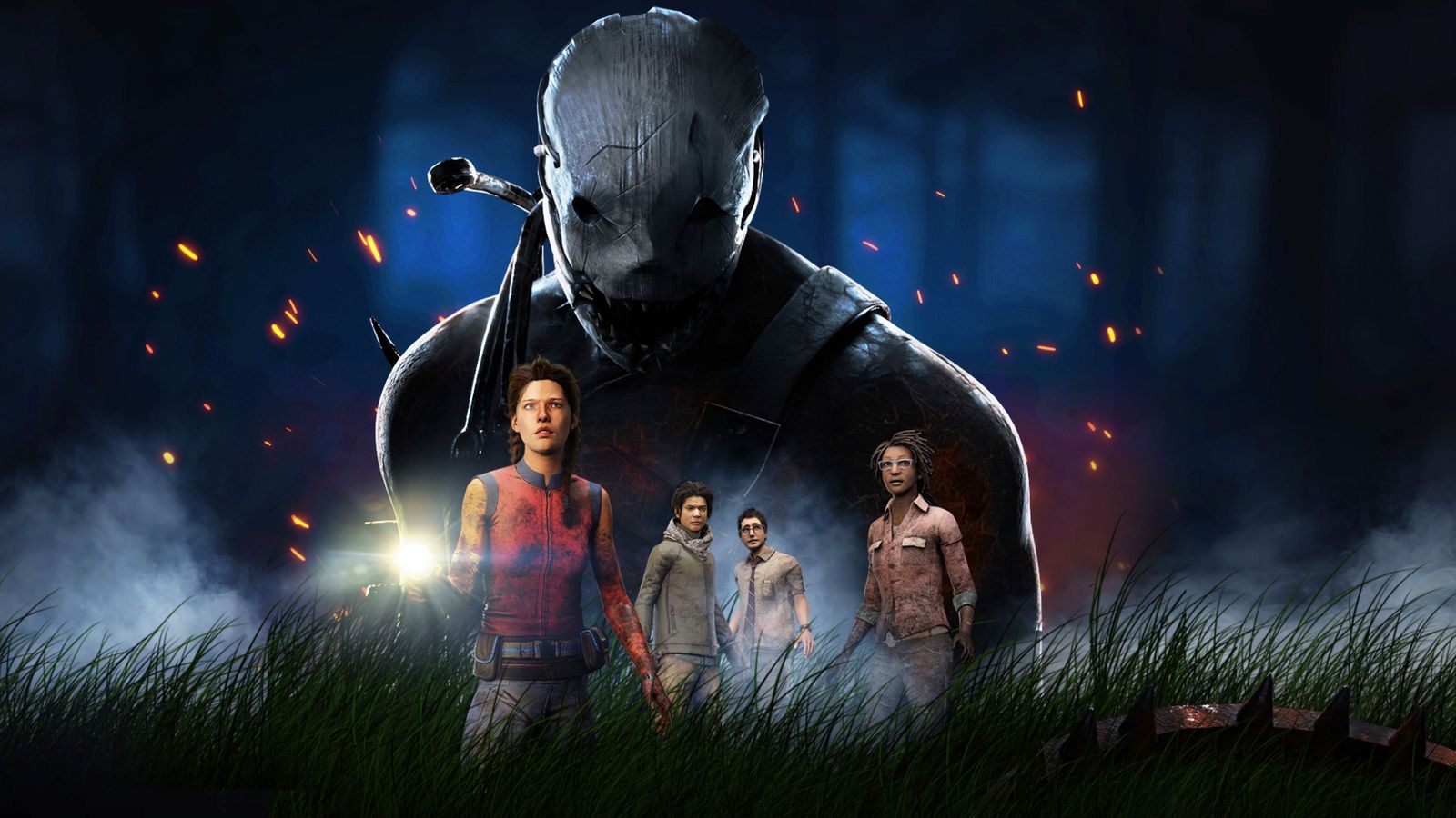 Screenshot from Dead by Daylight Mobile, with a masked killer looming over four survivors