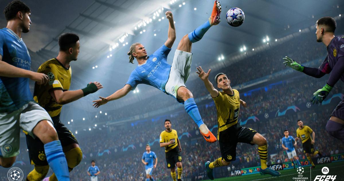 haaland reaching for the ball in EA Sports FC 24
