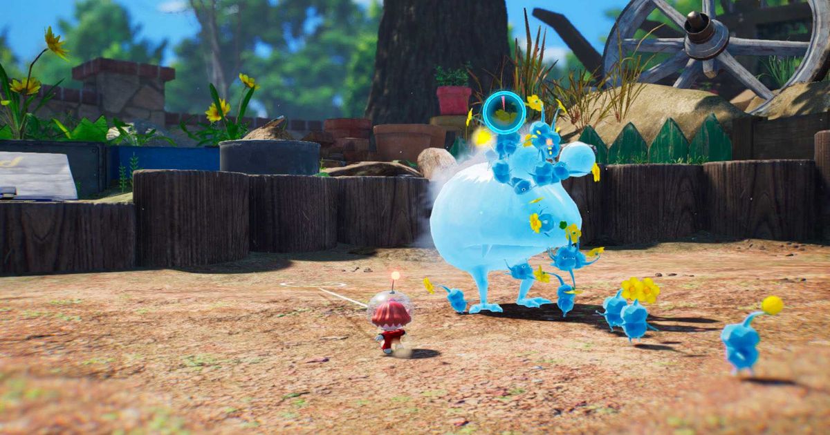 A group of Pikmin fighting an ice enemy.