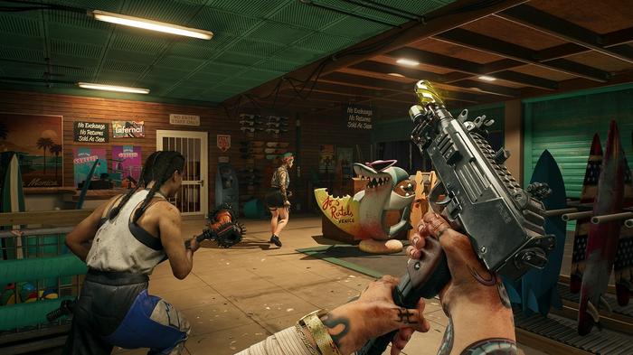 Screenshot showing Dead Island 2 player holding gun