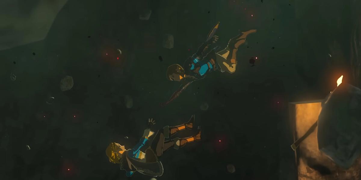 Link and Zelda falling into the Depths in Zelda Tears of the Kingdom