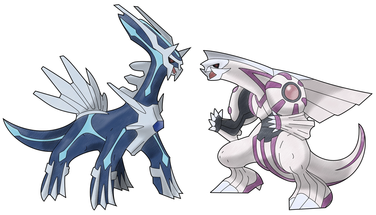 Dialga and Palkia stand side by side.