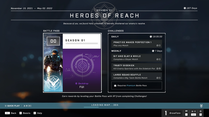 The Halo Infinite Battle Pass menu, showing the current season and rewards, along with the active daily and weekly challenges