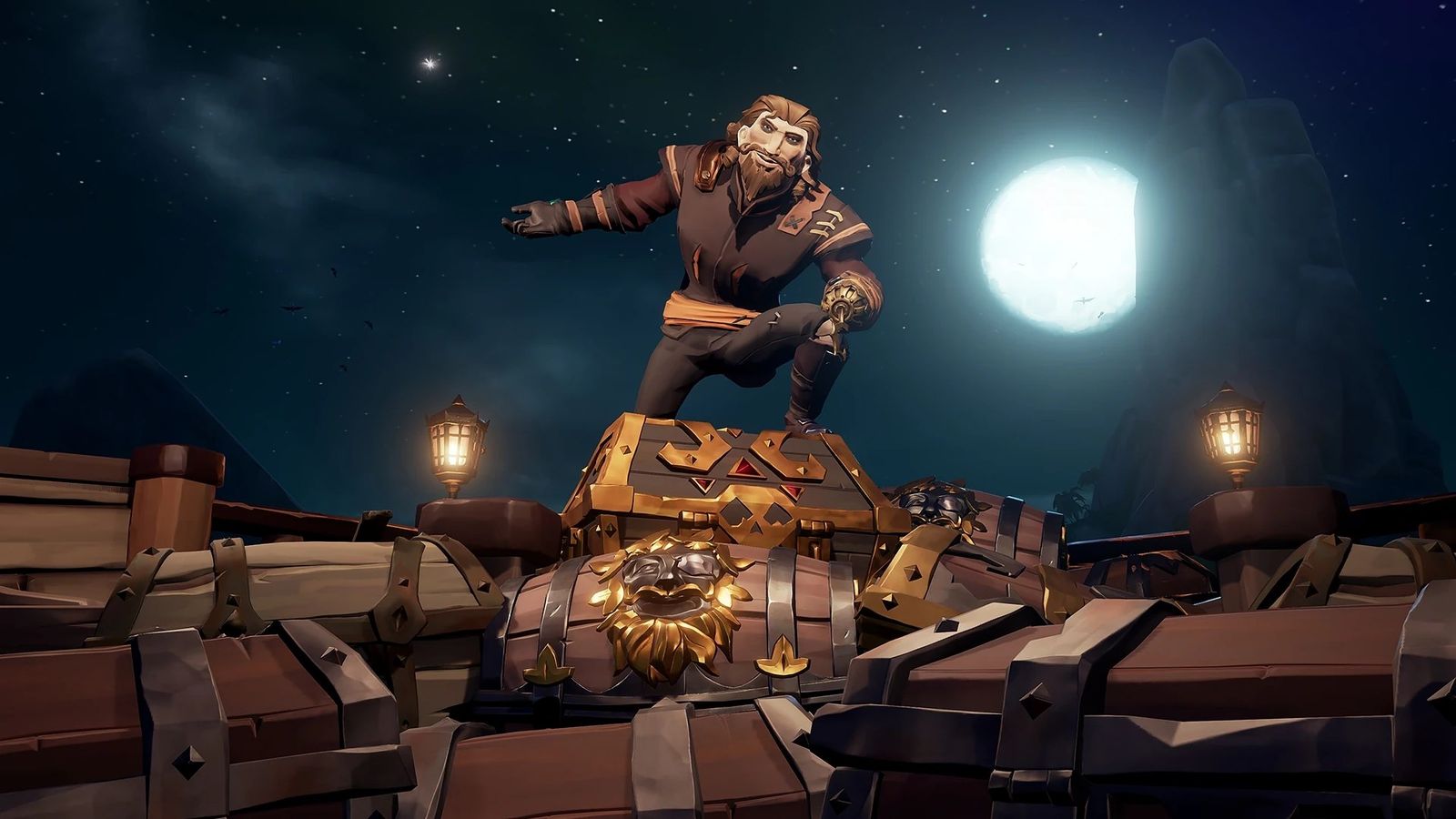 sea of thieves ach laden standing over lots of treasure chests buried in pile