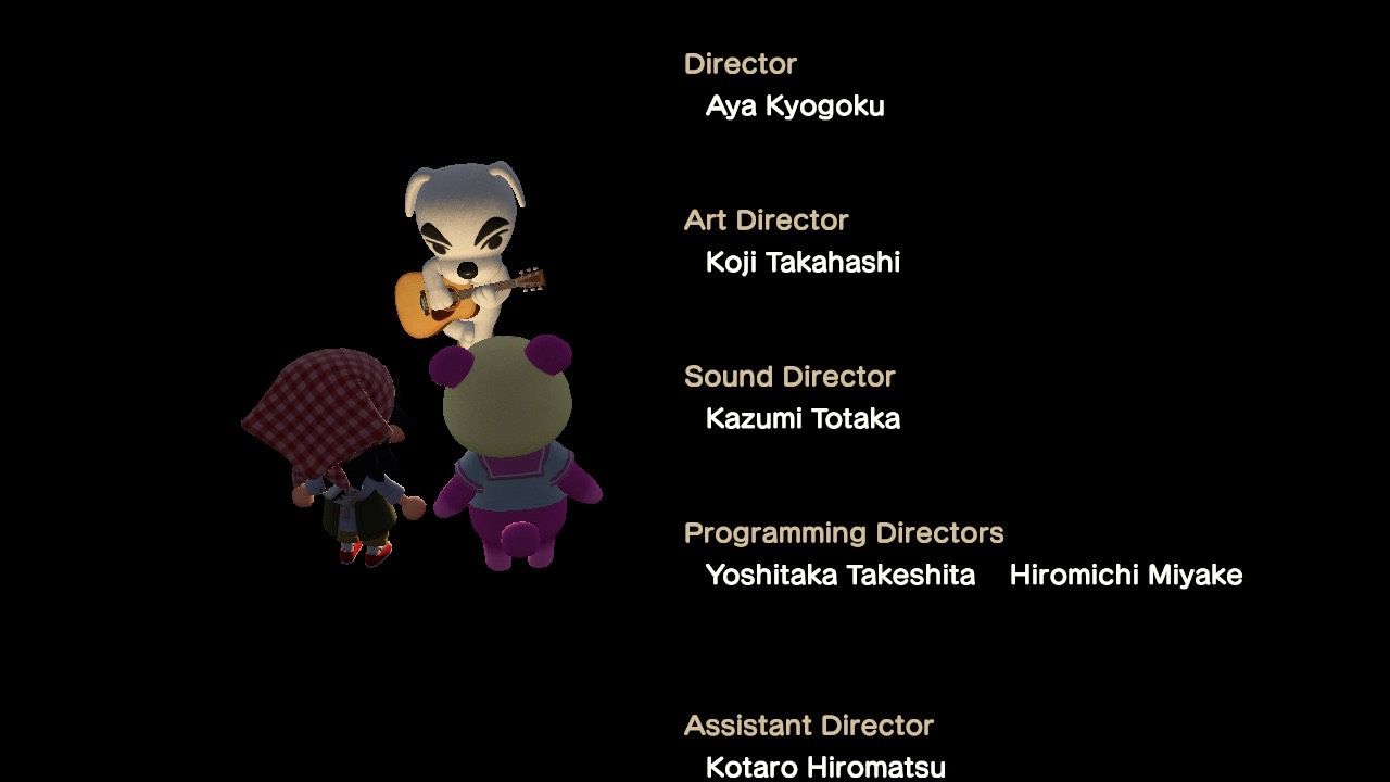A player and villager taking part in a KK Slider concert with the Animal Crossing: New Horizons credits rolling.