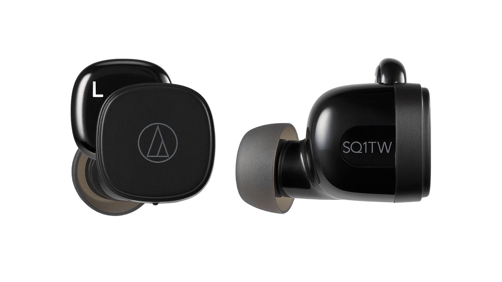 Best budget earbuds - Audio-Technica ATH-SQ1TW product image of two black square-shaped wireless earbuds.