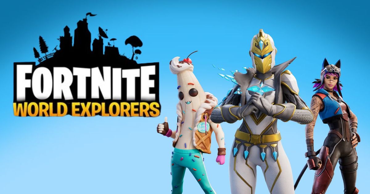 Three Fortnite characters alongside the Fortnite World Explorers logo