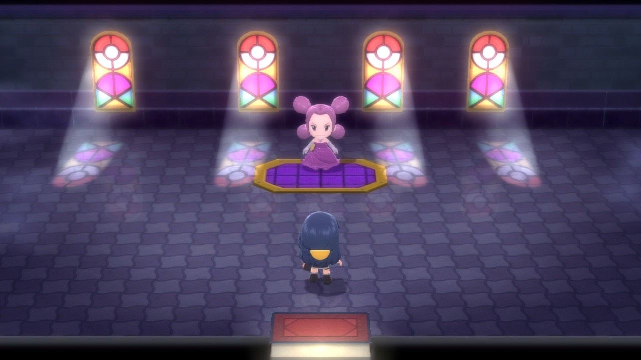 A Pokémon Trainer faces Fantina, leader of Hearthome City Gym, in Pokémon Brilliant Diamond and Shining Pearl.