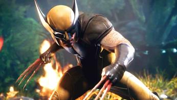 PS5 wolverine in his iconic yellow and blue suit standing in front of a fire donning bone claws 