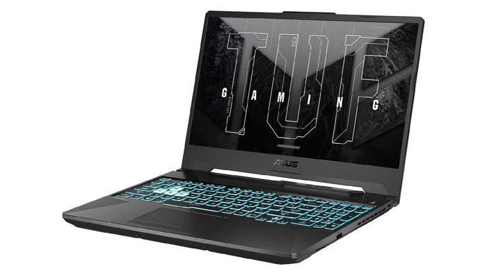 Best Redfall gaming laptop - ASUS TUF Gaming F15 product image of a dark grey laptop featuring blue backlit keys and ASUS TUF branding on the display in black.